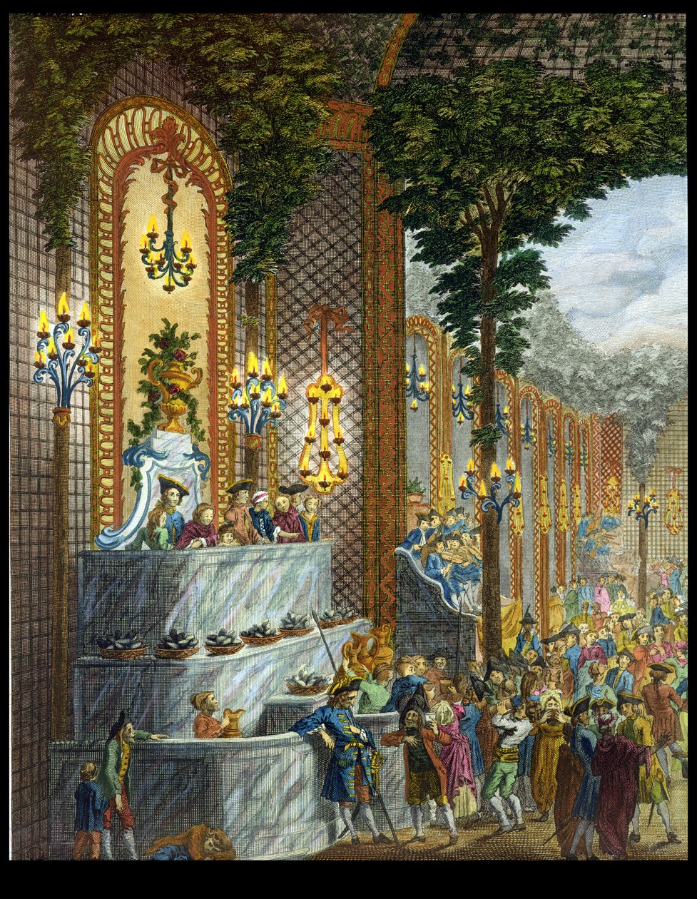 Zicht op het interieur in een van de kamers van de Place de Louis le Grand, zicht op de ingang van de Salon (detail) (kleurgravure) door French School
