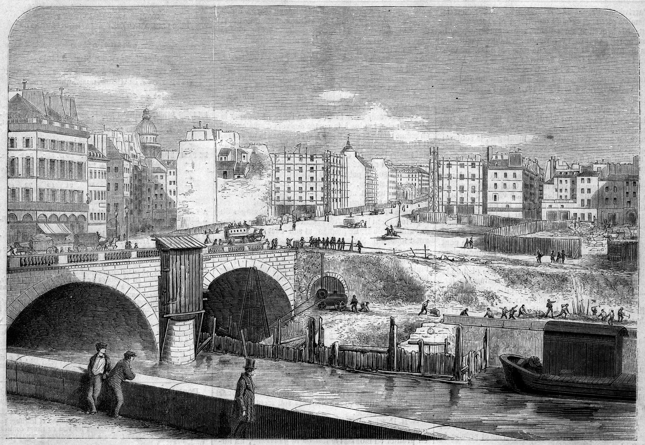 Uitzicht op de Saint Michel-brug (Saint-Michel), gebouwd in 1857, en Place Saint Michel (Saint-Michel) in Parijs door French School
