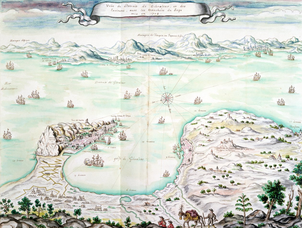 Uitzicht op het Beleg van Gibraltar in 1704 door French School