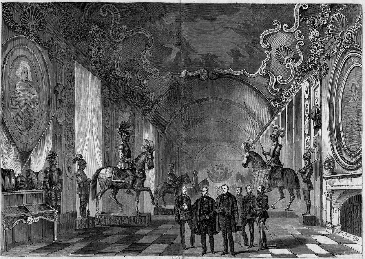 Zicht op de wapenkamer van het Paleis van Turijn (Italië) tijdens het bezoek van koning Victor Emmanuel II (Vittorio Emanuele) (1820-1878) en prins Napoleon (1822-1891) door French School