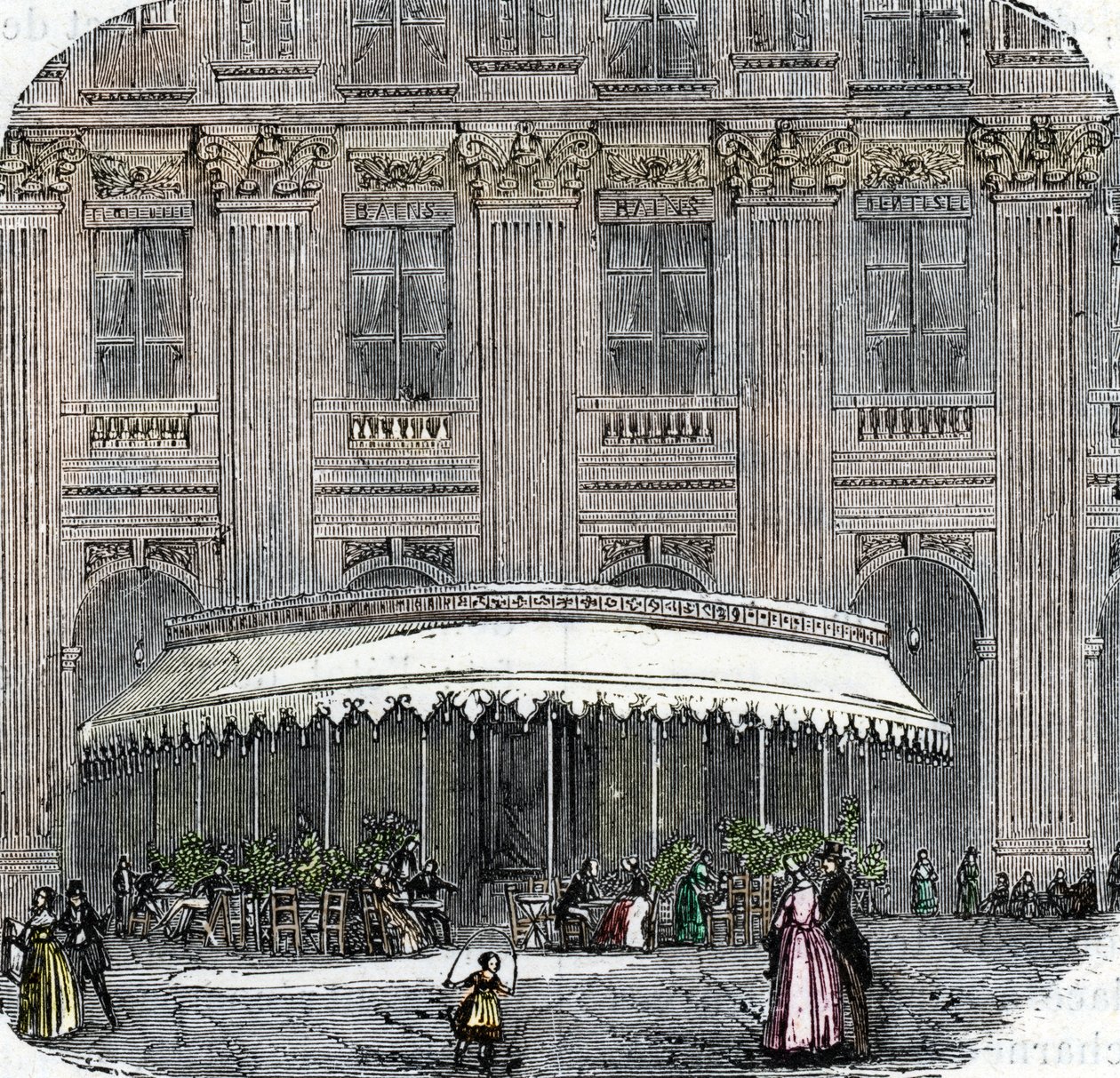 Zicht op het café de la Rotonde in het Palais-Royal in Parijs rond 1860 (gekleurde gravure) door French School
