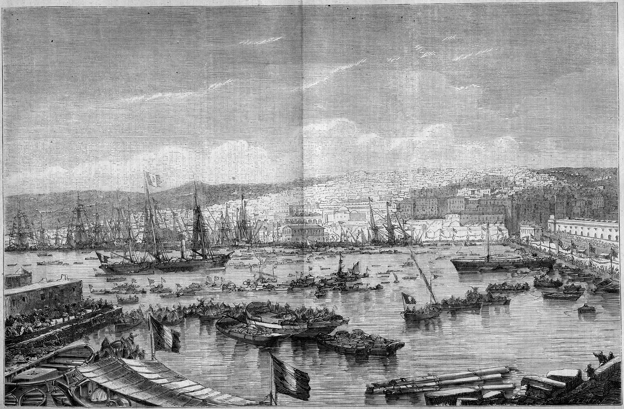 Zicht op de stad en haven van Algiers (Algerije), tijdens de aankomst van Napoleon III en keizerin Eugenie de Montijo, 17 september door French School