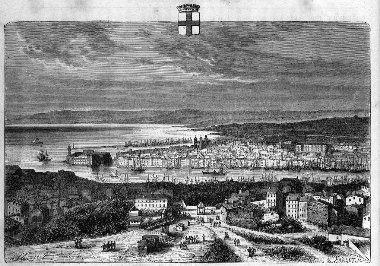 Zicht op de stad en haven van Marseille. Gravure uit 1880 in 