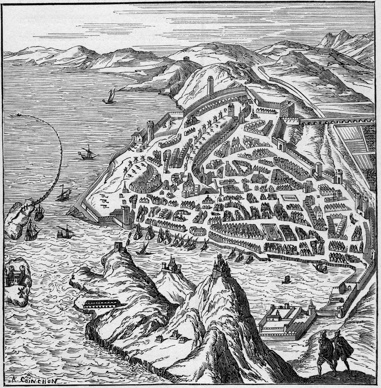 Uitzicht op de stad en haven van Marseille in de 16e eeuw. Gravure in 