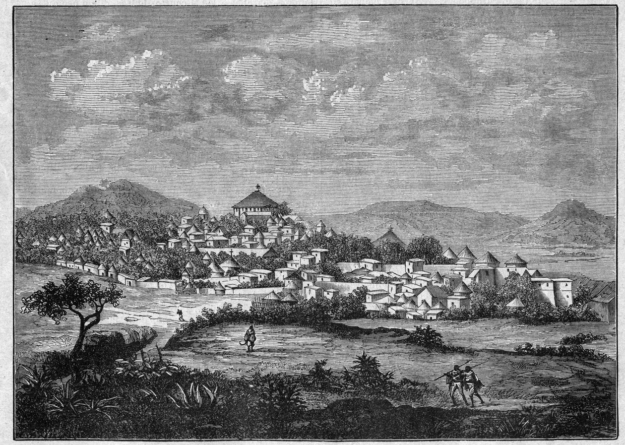 Uitzicht op de stad Adoua, hoofdstad van de regio Tigray in Ethiopië. Gravure uit 1896 in 