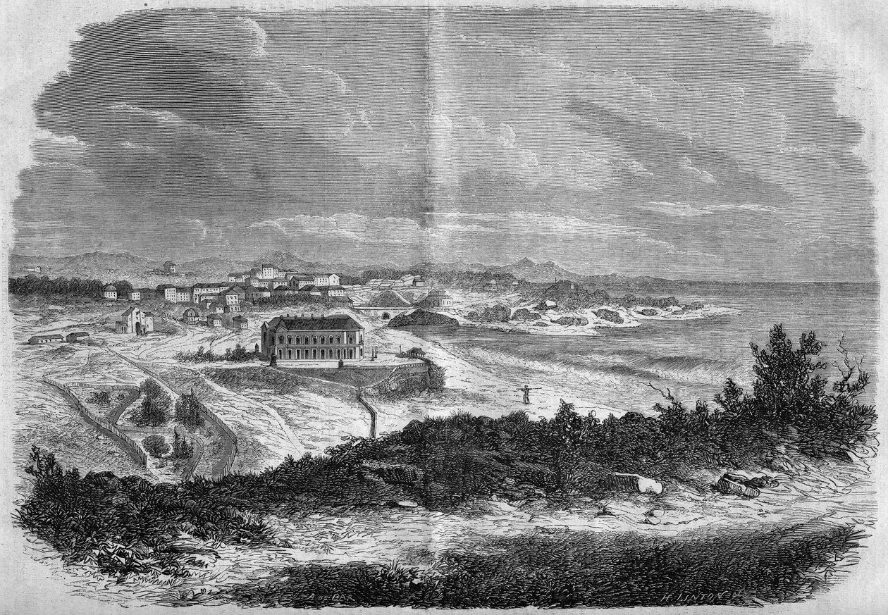 Zicht op de stad Biarritz, Pyreneeën Atlantique (64) in 1858. Gravure in 