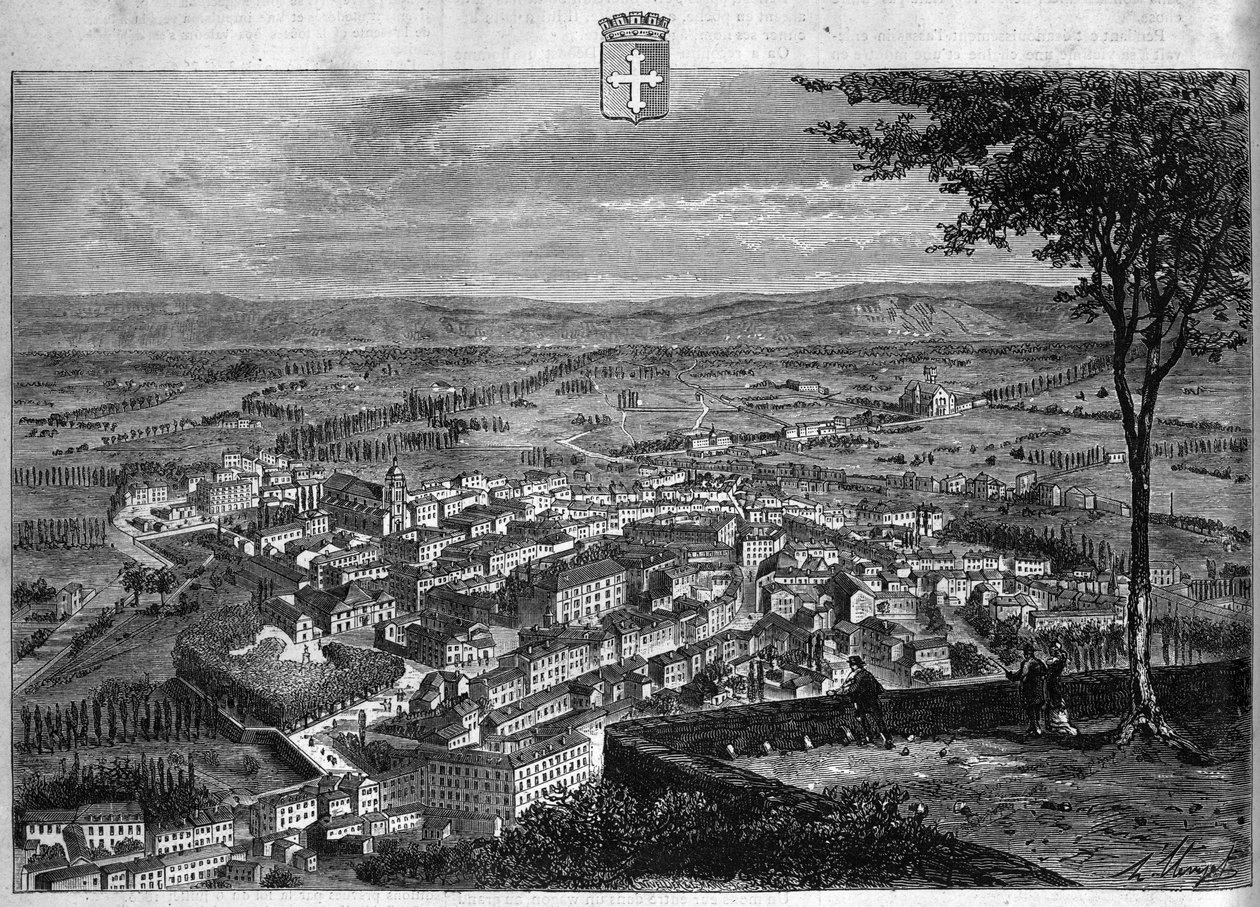 Uitzicht op de stad Bourg in de Ain. Gravure uit 1880 in 