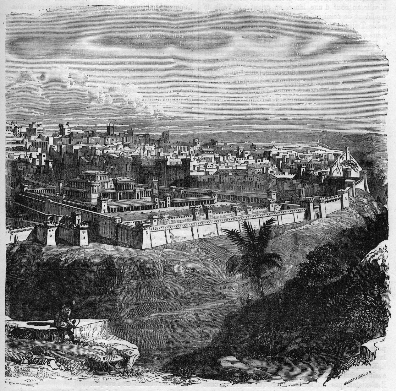 Uitzicht op de stad Jeruzalem voor de vernietiging van de tempel. Gravure in 