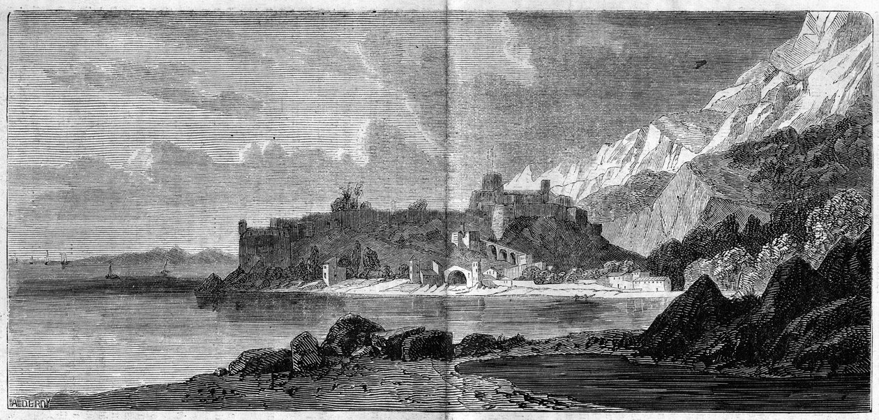 Uitzicht op de stad Monaco in 1860. Gravure in 