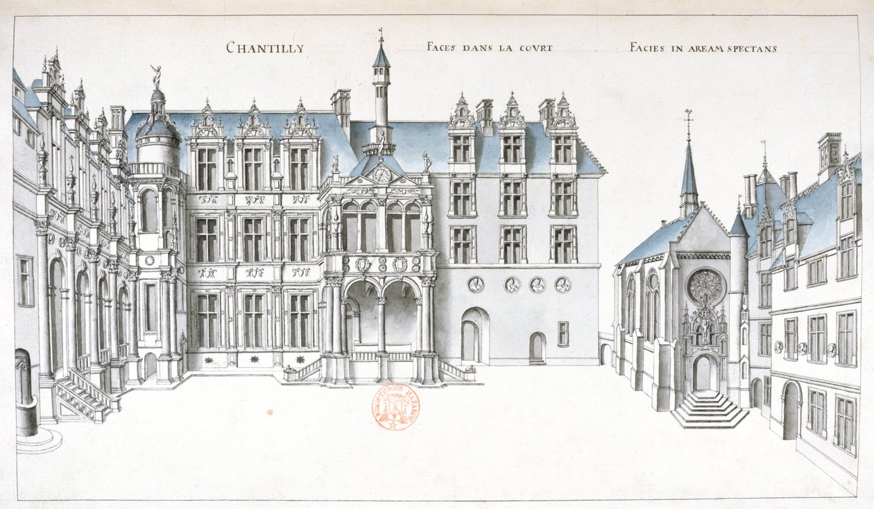 Uitzicht op de binnenplaats en kapel in Chantilly door French School