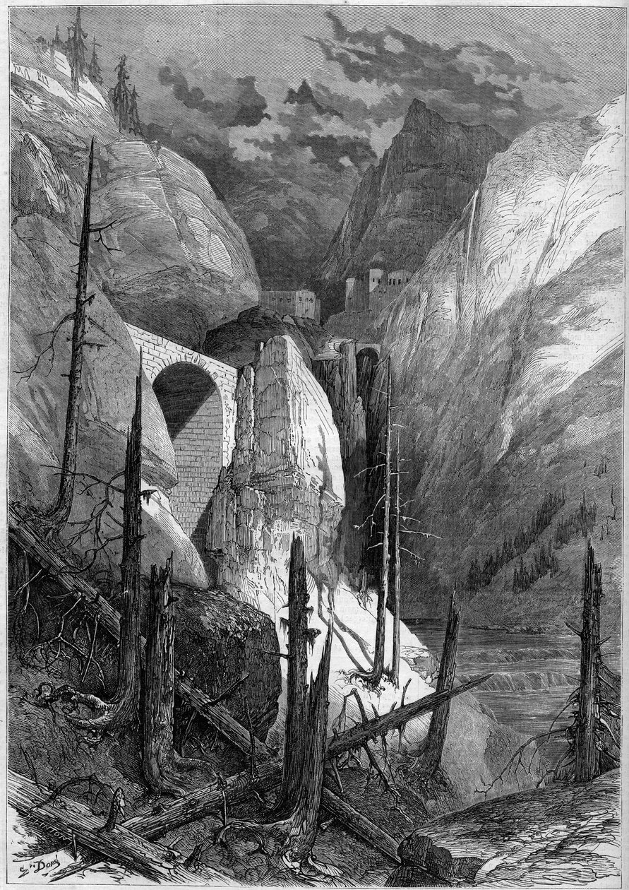 Uitzicht op de kloof en het fort van Finstermunz (1471). Tirol, Zwitserland door French School