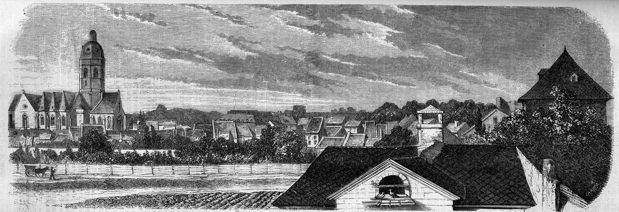 Zicht op de wijk van de stad Kastrich, in Mainz (Duitsland), voor de explosie van het kruitvat in 1857. Van een foto. Gravure in 
