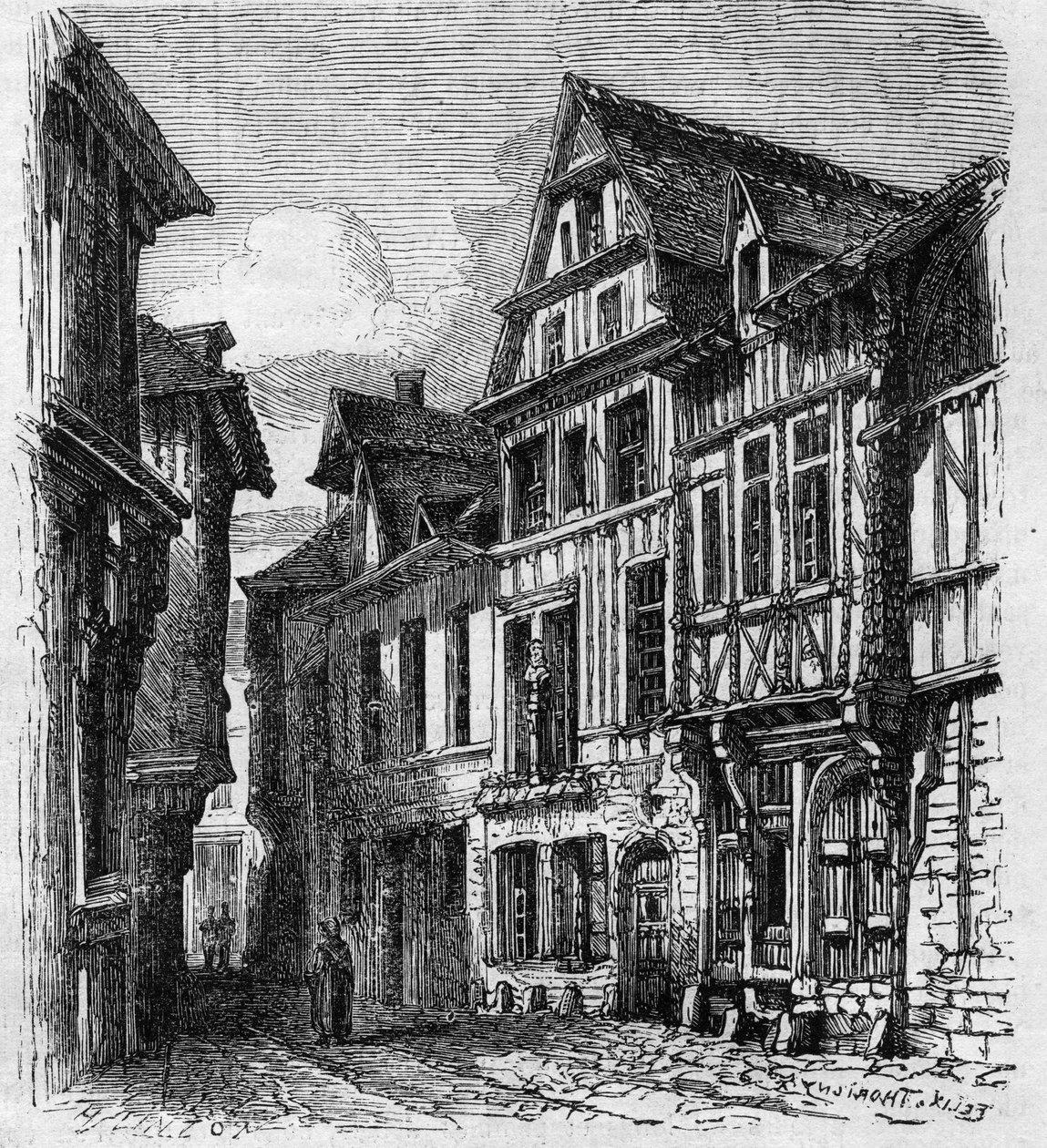 Uitzicht op het huis gelegen rue de la Pie, in Rouen, waar Pierre Corneille werd geboren. Gravure in 