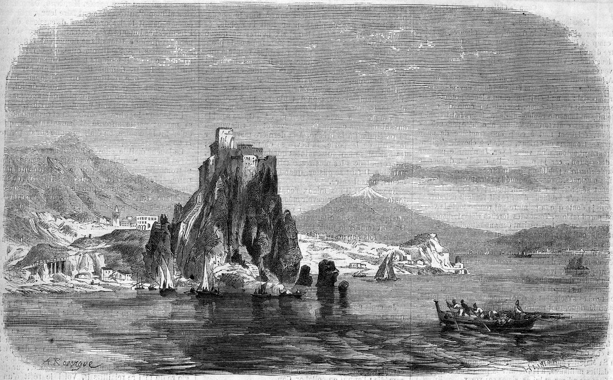 Uitzicht op de rotsen van "Charybde" en "Scylla" in de Straat van Messina, Sicilië. door French School