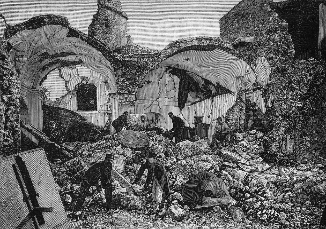 Uitzicht op de ruïnes van de Chiese del Purgatorio, verwoest tijdens de aardbeving van 1881 op het eiland Ischia (Italië). Gravure door Quesnel in 