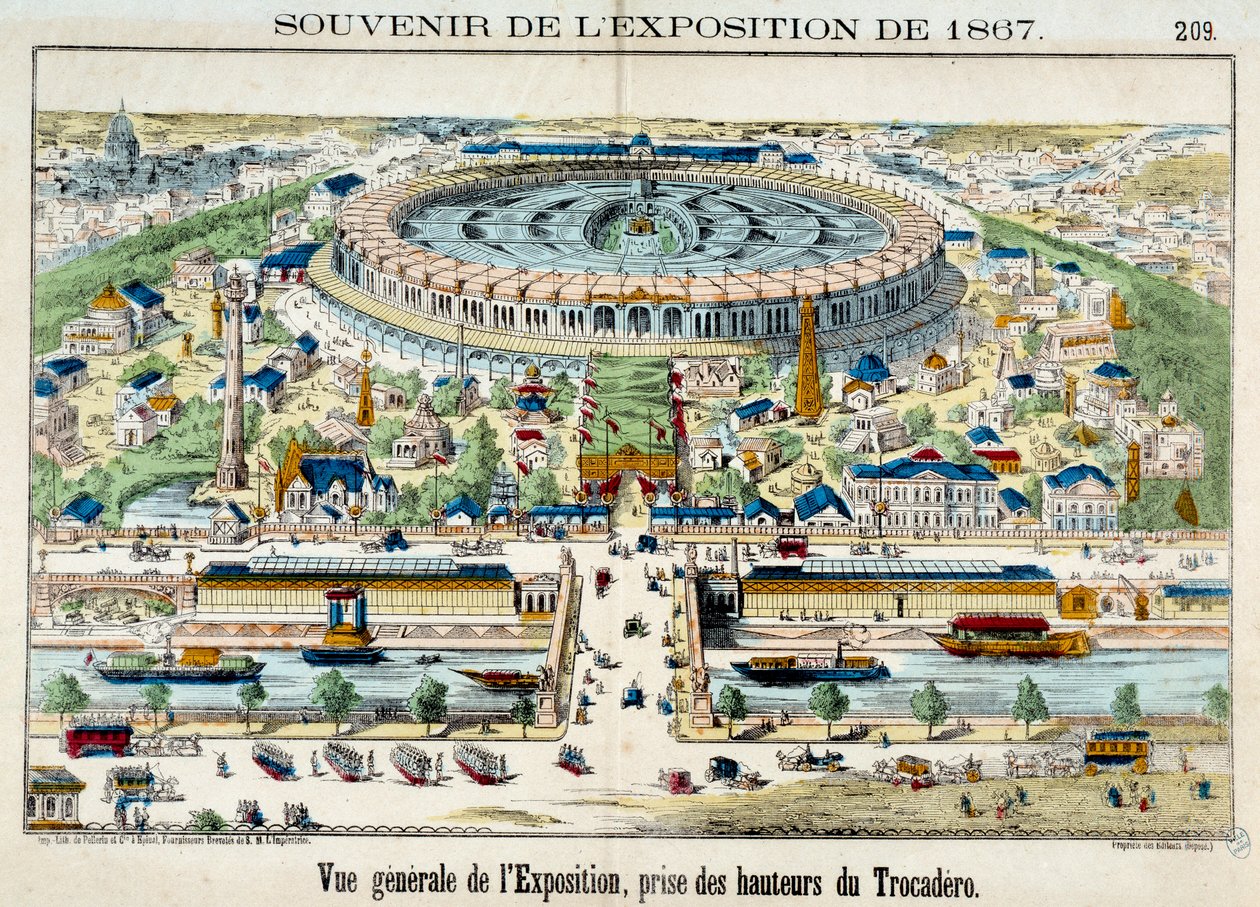 Uitzicht op de wereldtentoonstelling vanaf het Trocadero in Parijs. 1867 Gravure. Parijs, carnavalsmuseum door French School