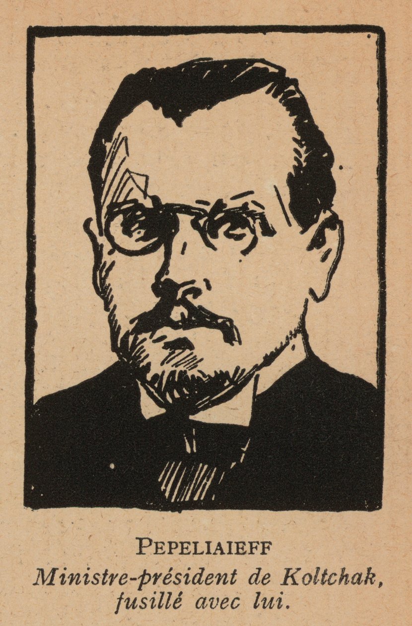 Viktor Pepeljajev, Russisch politicus en premier van de Wit-Russische regering van Admiraal Koltsjak in Siberië, geëxecuteerd door de bolsjewieken (litho) door French School