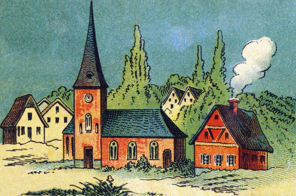 Dorp. Gravure in "ABC onbreekbaar op gelakt canvas". A. Capendu, uitgever, Parijs, eind 19e eeuw. Kinderboekwinkel geïllustreerd. 8 pagina
