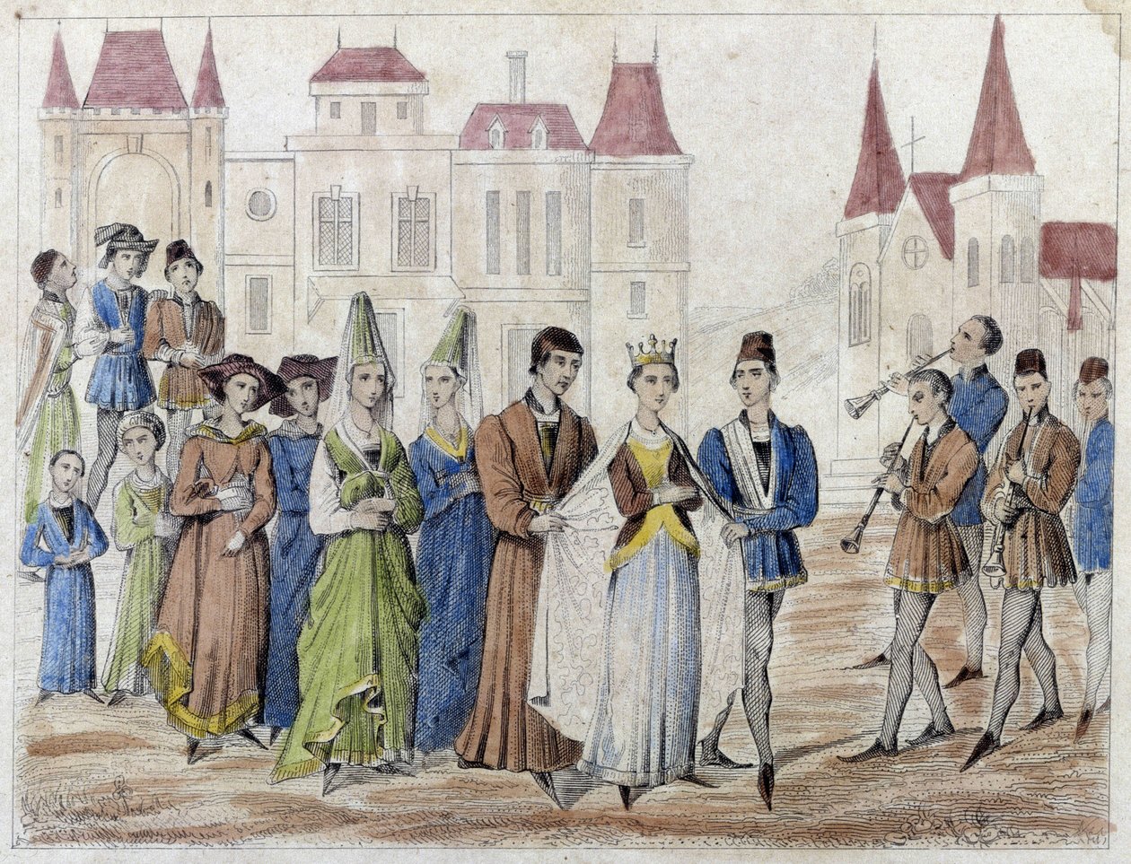 Dorpsbruiloft onder Karel V - Gravure 19e eeuw. door French School