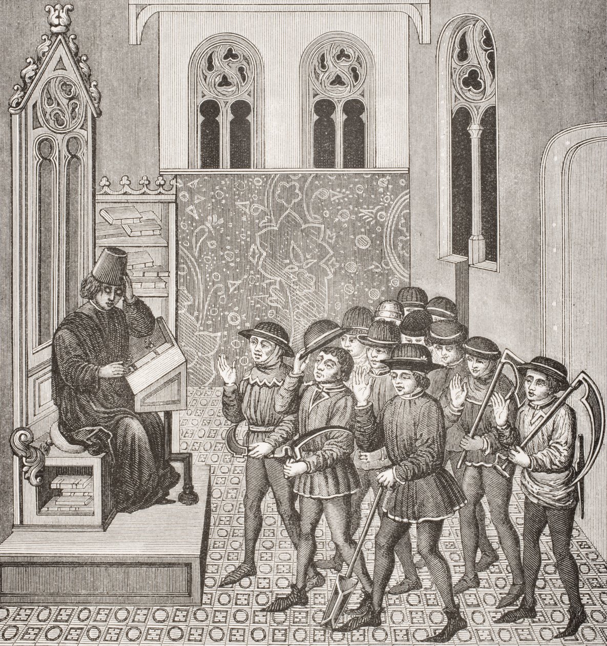 Schurken die de bevelen van hun heer ontvangen voordat ze aan het werk gaan, naar een miniatuur in een 15e-eeuws manuscript, uit Le Moyen Age et La Renaissance door Paul Lacroix (1806-84) gepubliceerd in 1847 door French School
