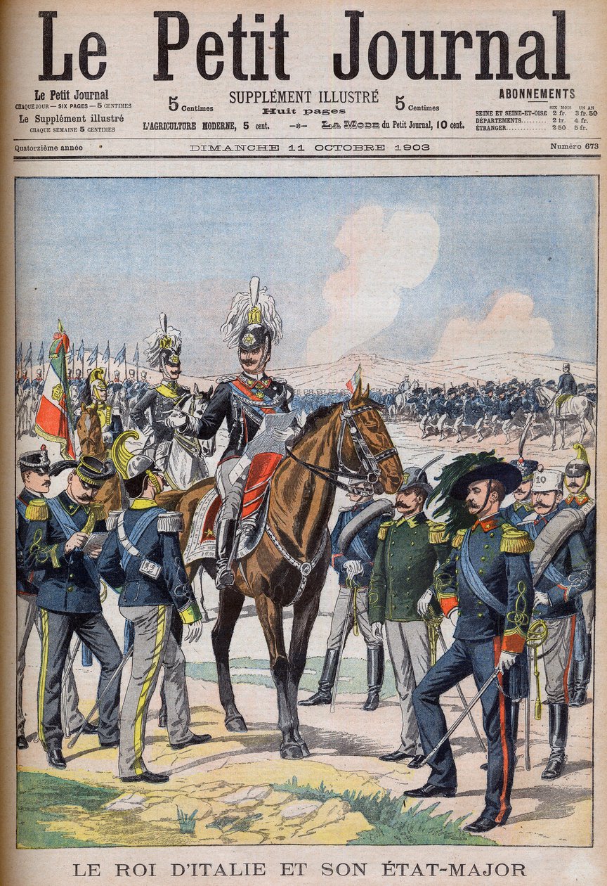 Vittorio Emanuele III di Savoia - Koning Victor Emmanuel III van Italië en zijn generale staf. De koning van Italië en zijn staf. Illustratie voor Le Petit Journal door French School