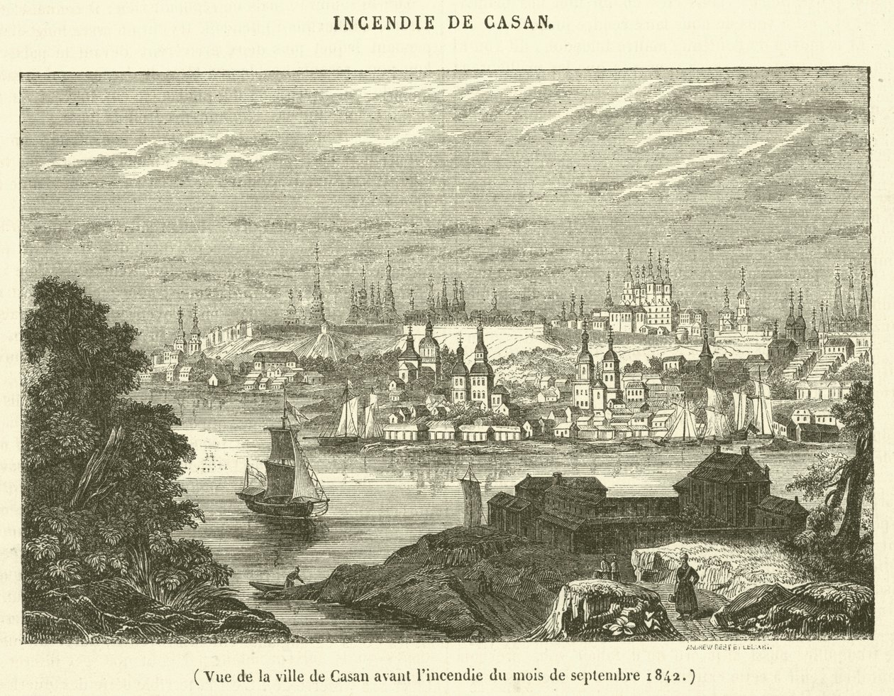 Gezicht op de stad Casan voor de brand in september 1842 (gravure) door French School