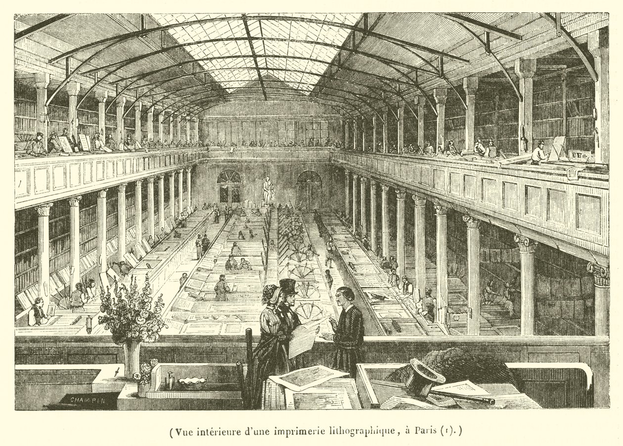 Binnenaanzicht van een lithografische drukkerij in Parijs (gravure) door French School