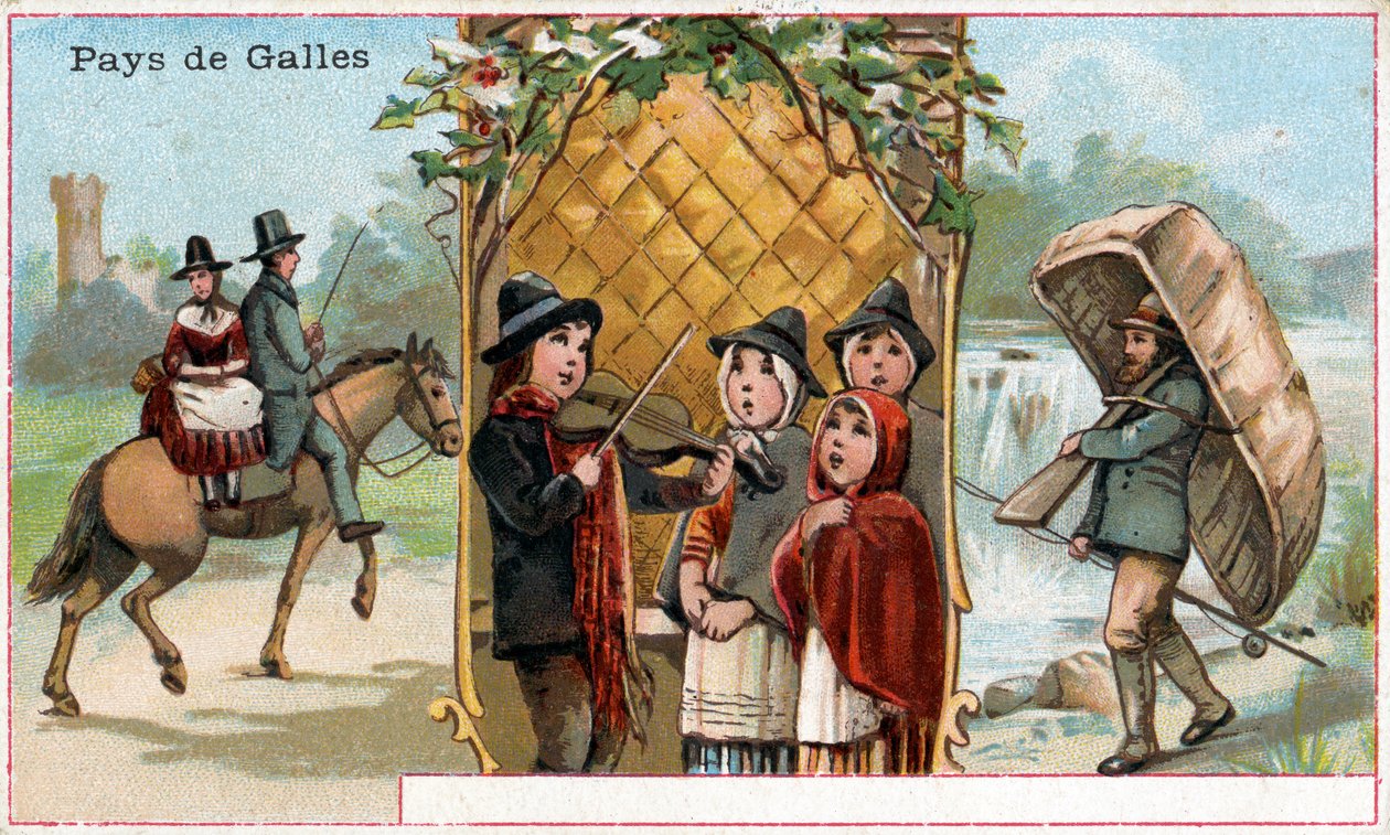 Wales, promotiekaart voor de drank Chicorée à la Bergère met afbeeldingen van het Welshe leven, ca. 1890 door French School