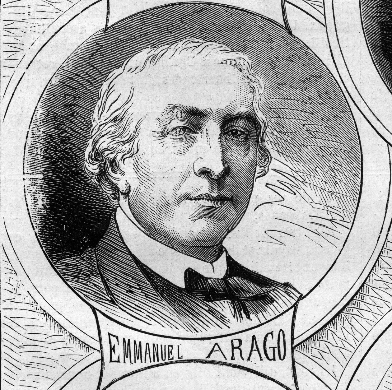 Oorlog van 1870 - Regering van de Nationale Verdediging: portret van Emmanuel Arago (1812-1896), lid van de voorlopige regering van 1870. Gravure in 