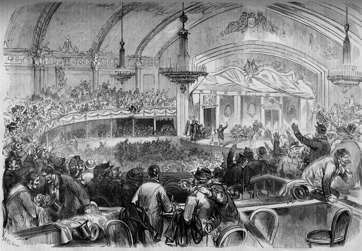 Oorlog van 1870 - wetgevende verkiezingen tijdens de wapenstilstand - februari 1871: verkiezingsbijeenkomst in het Cabaret des Folies Bergères in Parijs voor de proclamatie van kandidaten voor de Nationale Vergadering. Gravure in Le Monde Illustré nr. 722  door French School