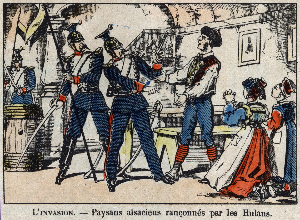 Oorlog van 1870 tussen Frankrijk en Pruisen: Elzassische boeren beroofd door de Hulans (Uhlans, Houlans) afbeelding van Epinal. door French School