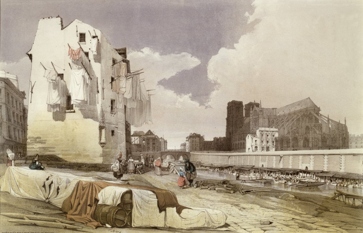 Wasvrouwen bij de Lavoirs aan de Quai Montebello, c.1840 door French School