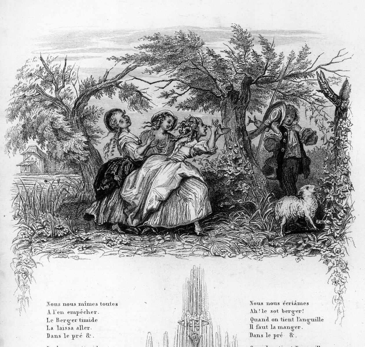 Wij waren drie meisjes. Drie meisjes spelen met een herder en maken hem ongemakkelijk. Gravure in 