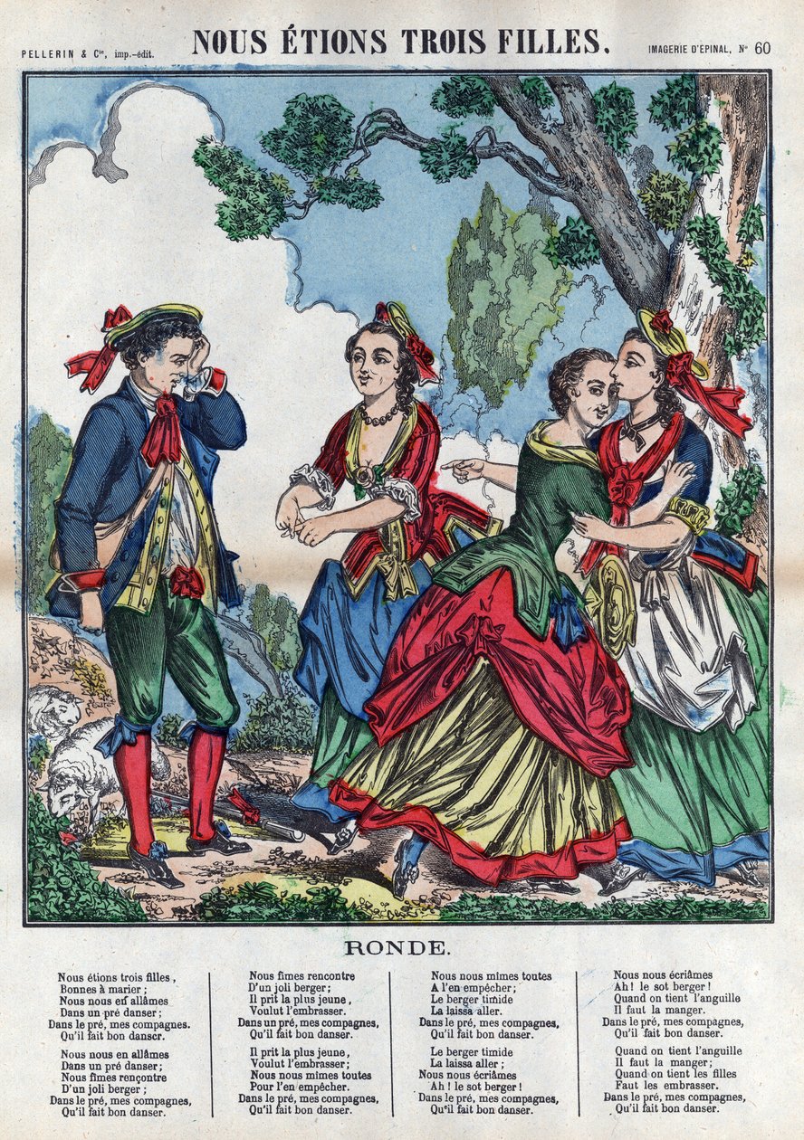 Wij waren drie meisjes. Drie meisjes spelen met een herder en maken hem ongemakkelijk. (Chants et chansons populaire de la France) Imagine d