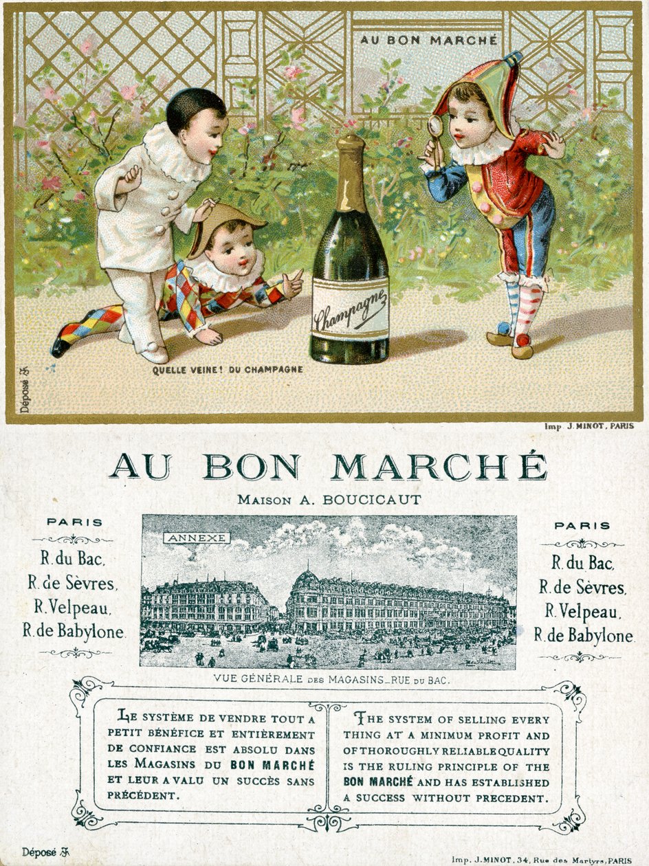 Wat een geluk! een fles champagne; voor- en achterkant van een promotiekaart voor de Bon Marché warenhuizen in Parijs, c.1895 door French School