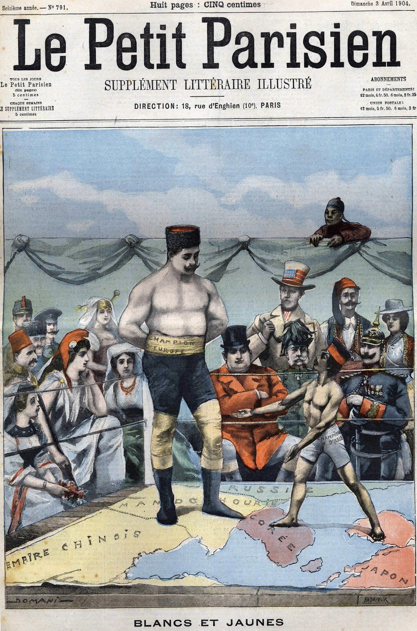 Wit en Geel (cartoon over de Russisch-Japanse oorlog: landen zoals Frankrijk, VS, China... kijken naar Japan en Rusland die boksen). Omslag Le petit Parisien van 3 april door French School