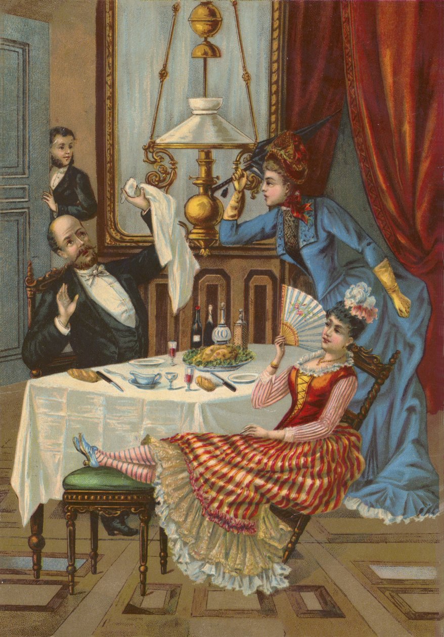Vrouw berispt haar man omdat hij zijn minnares heeft uitgenodigd voor het diner (chromolitho) door French School
