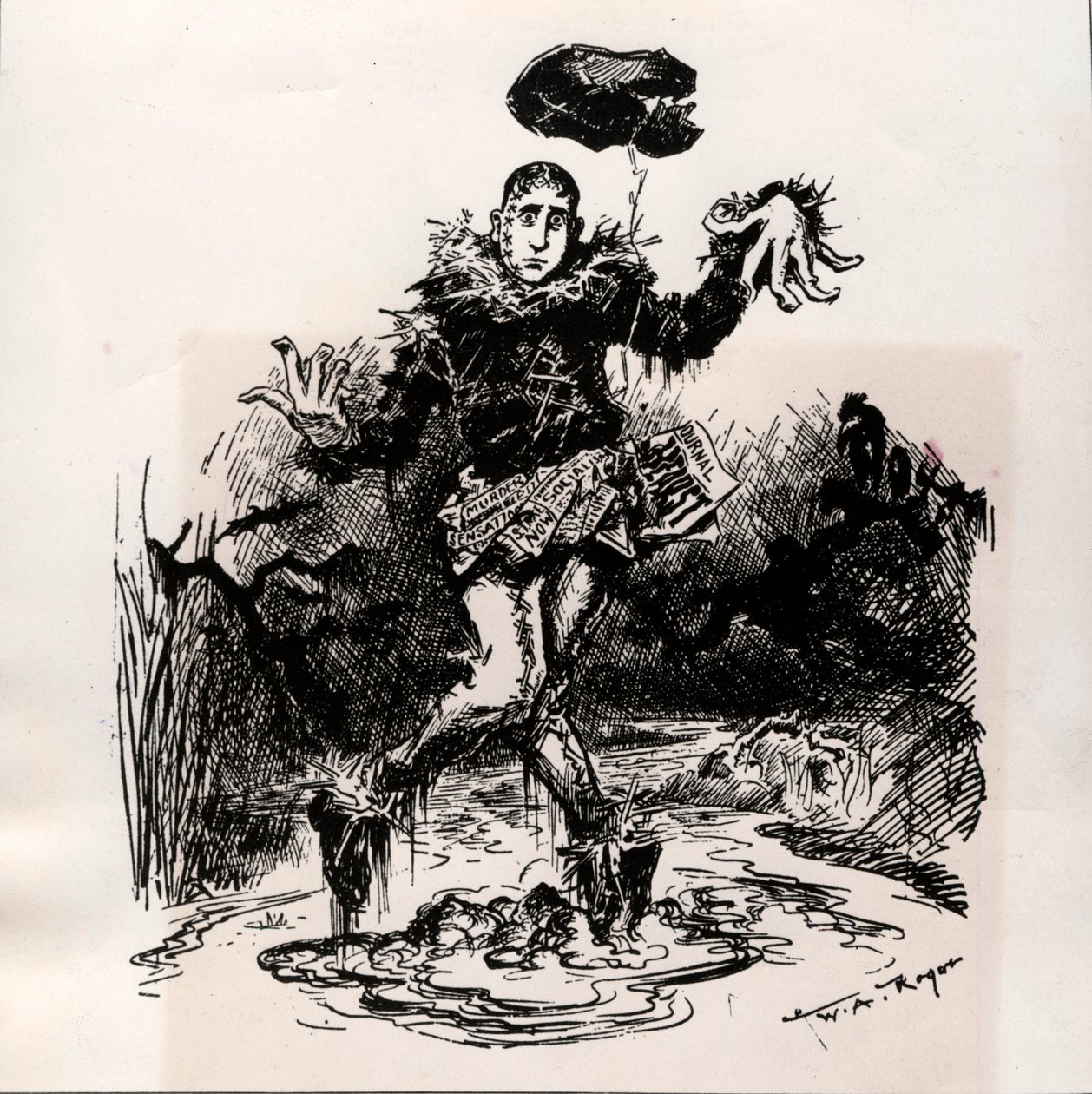 William Hearst, persjournalist met sensatie, afgebeeld als vogelverschrikker in de modder - Karikatuur van Harper