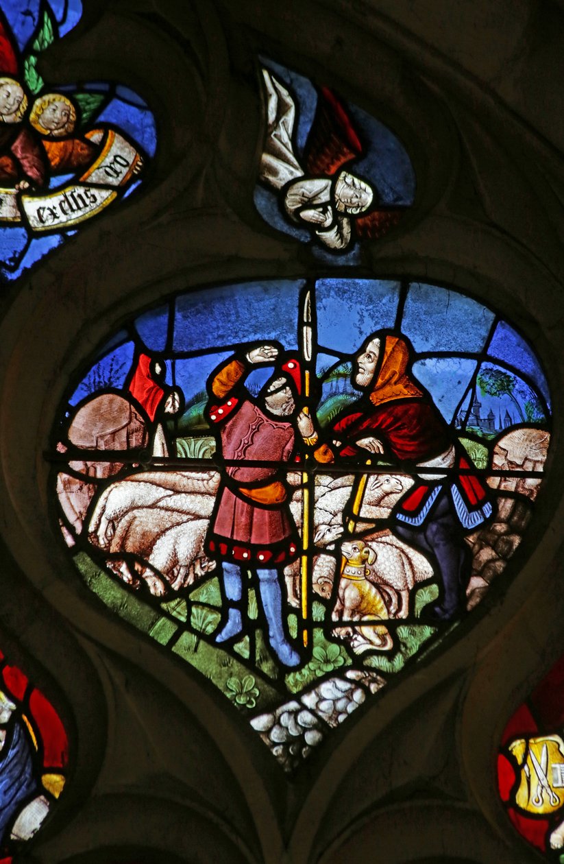 Raam met aankondiging aan de herders (glas-in-lood) door French School