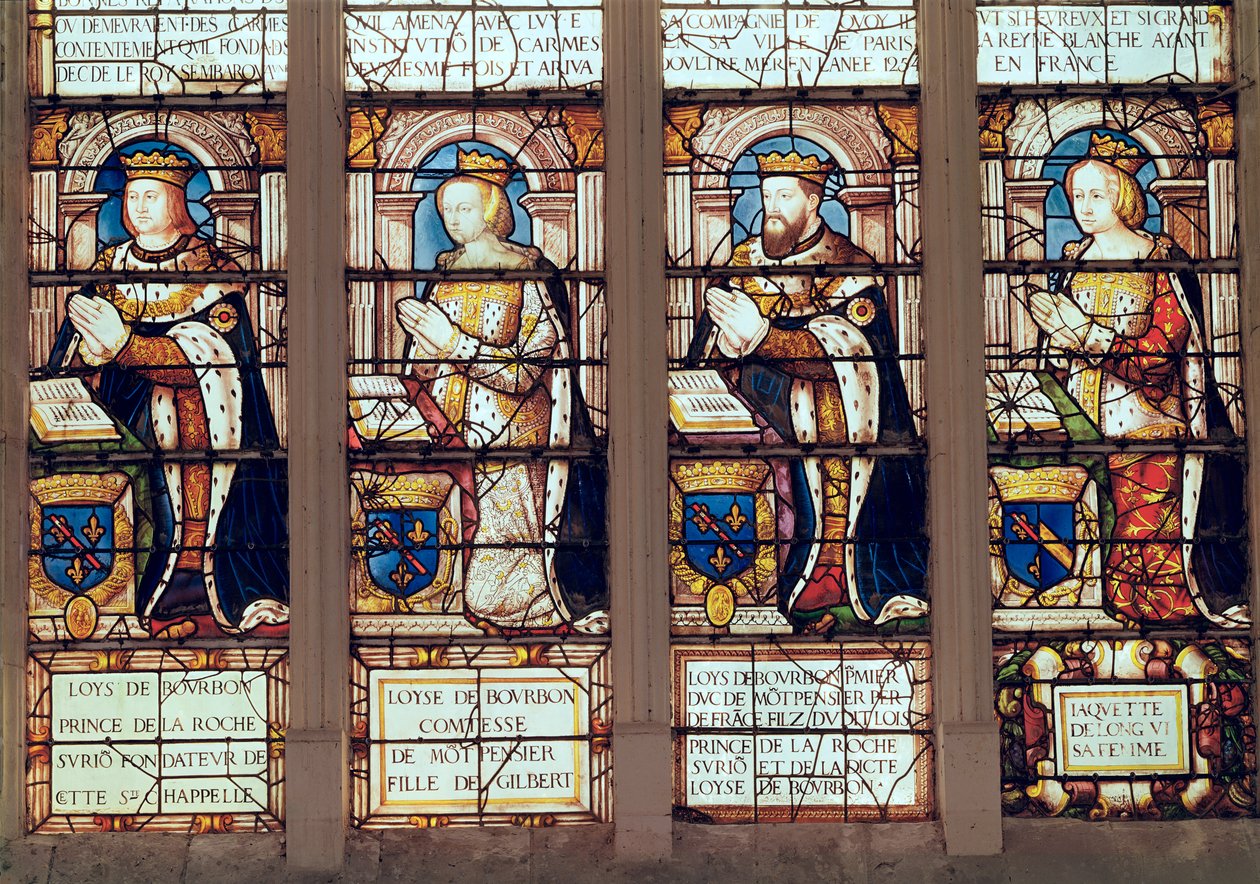 Raam met Louis de Bourbon (1465-1520) Prins van La Roche-sur-Yon, Louise de Bourbon (overleden 1561) Gravin van Montpensier, Louis II de Bourbon (1513-82) Hertog van Montpensier en Jacquette de Longwy door French School