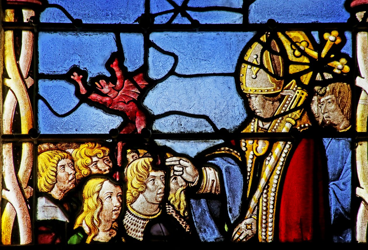 Raam met afbeelding van Sint Cler: verdrijft een demon uit Hasterie door French School