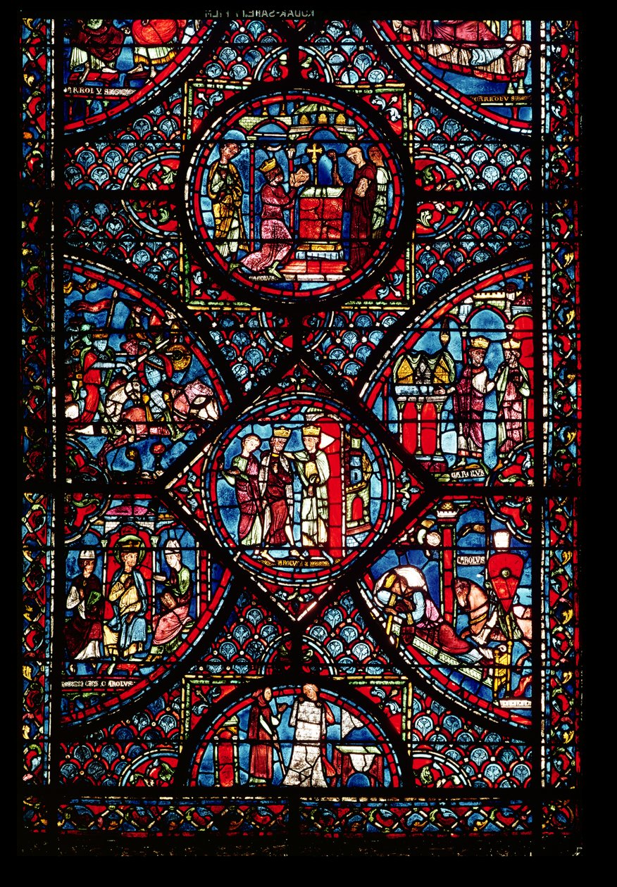 Raam dat scènes uit het Leven van Karel de Grote (747-814) uitbeeldt, uit de omgang door French School