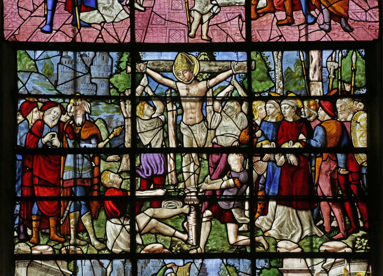 Raam met afbeelding van de Marteling van Sint-Denis door French School