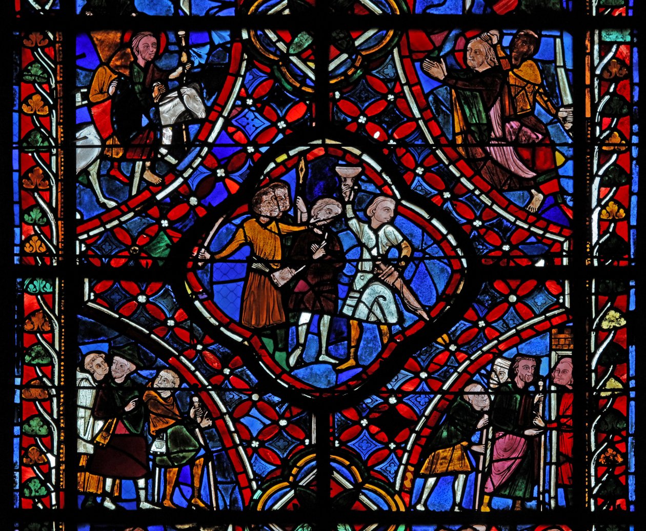 Raam met de vierde sectie van het St. Jacobus raam, w5: een groep pelgrims; een scène uit de legende van de verborgen beker; het martelaarschap van de heilige door French School