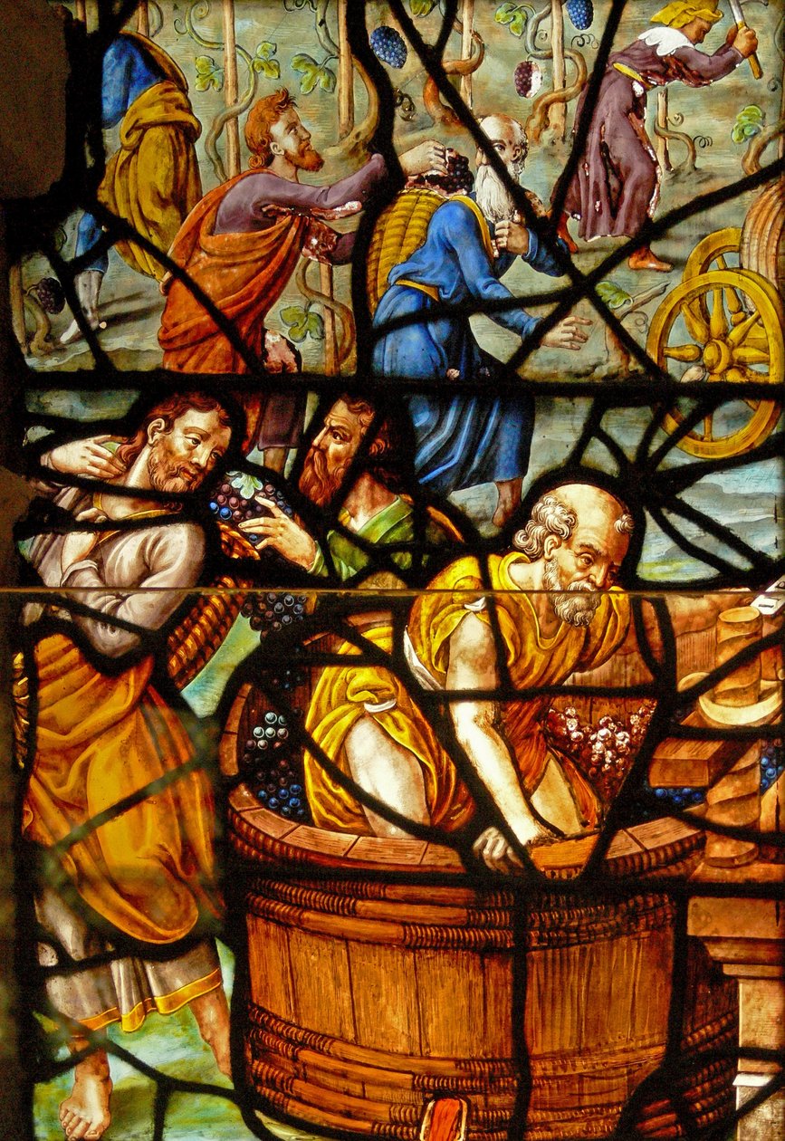 Raam in het Charnier (w.11) met een detail van de Mystieke Wijnpers door French School