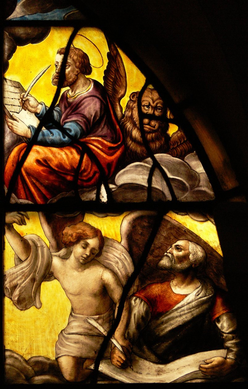Raam in het Charnier (w.2) met een detail van het Wonder van de Hostie: St. Marcus en St. Matteüs door French School