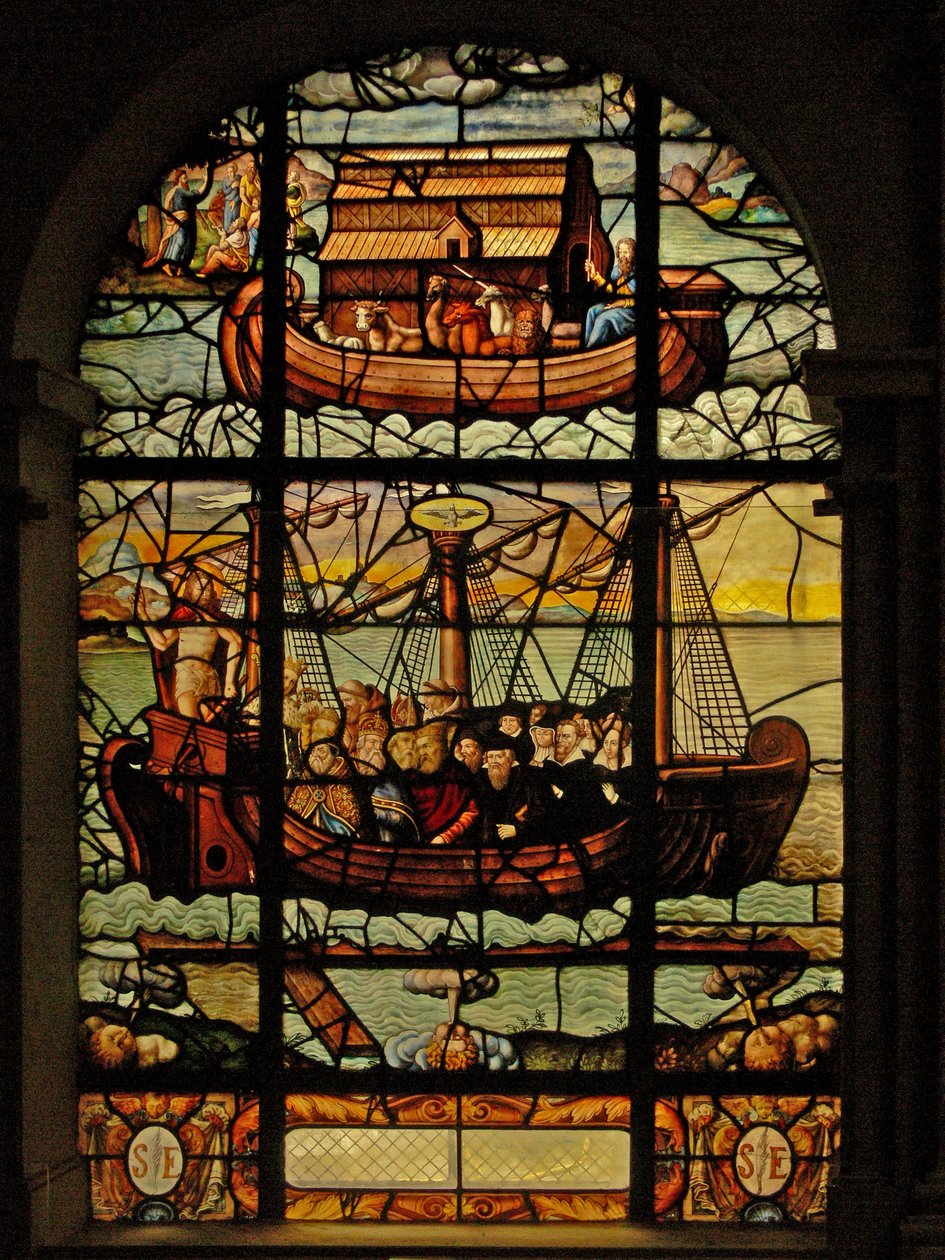 Raam in het Charnier (w.3) met het verhaal van de Ark van Noach en de Kerk met Christus en de gelovigen door French School