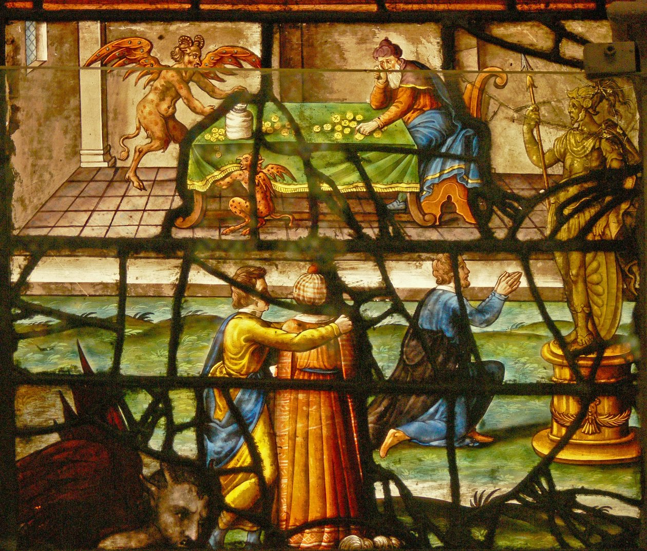 Raam in het Charnier (w.6) met het Pascha, Pasen en zonden (gokken en afgoderij) door French School