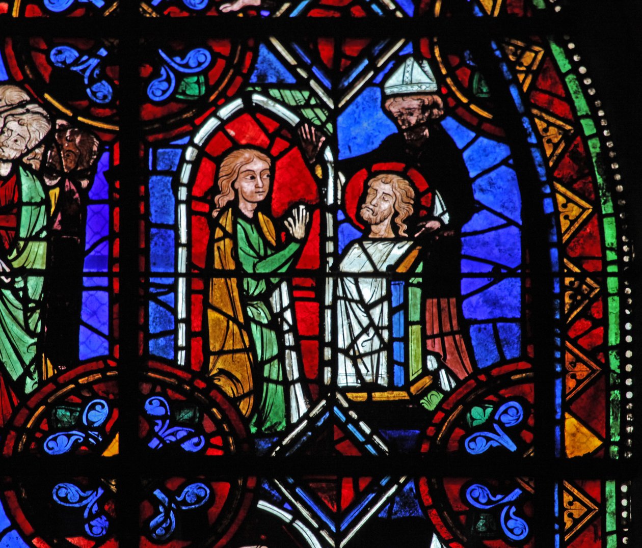 Raam w06 met een pelgrim voor het reliek van St. Julianus van Brioude door French School