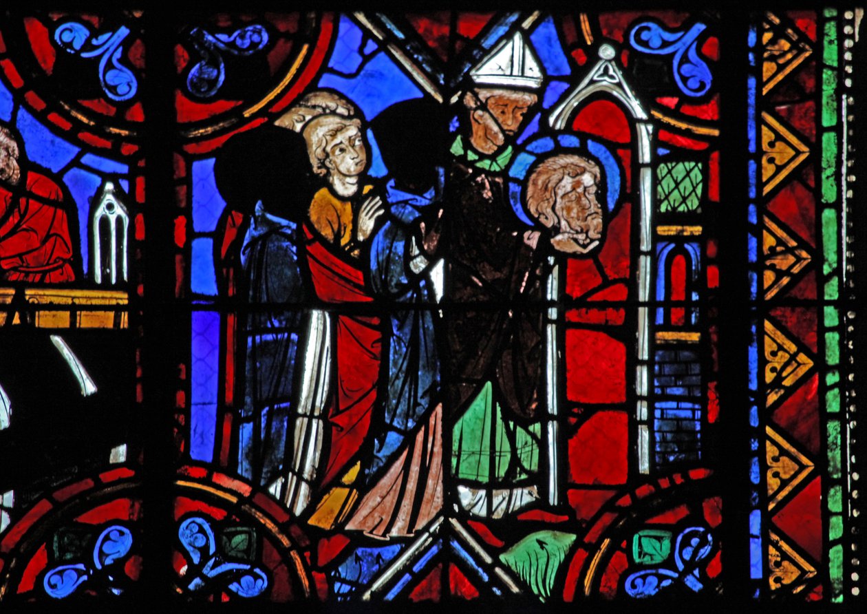Raam w06 met het verhaal van St. Julianus van Brioude - de dood van St. Ferreol, een vriend van Julianus, die stierf tijdens de vervolgingen van Diocletianus; zijn relieken worden overgebracht door French School